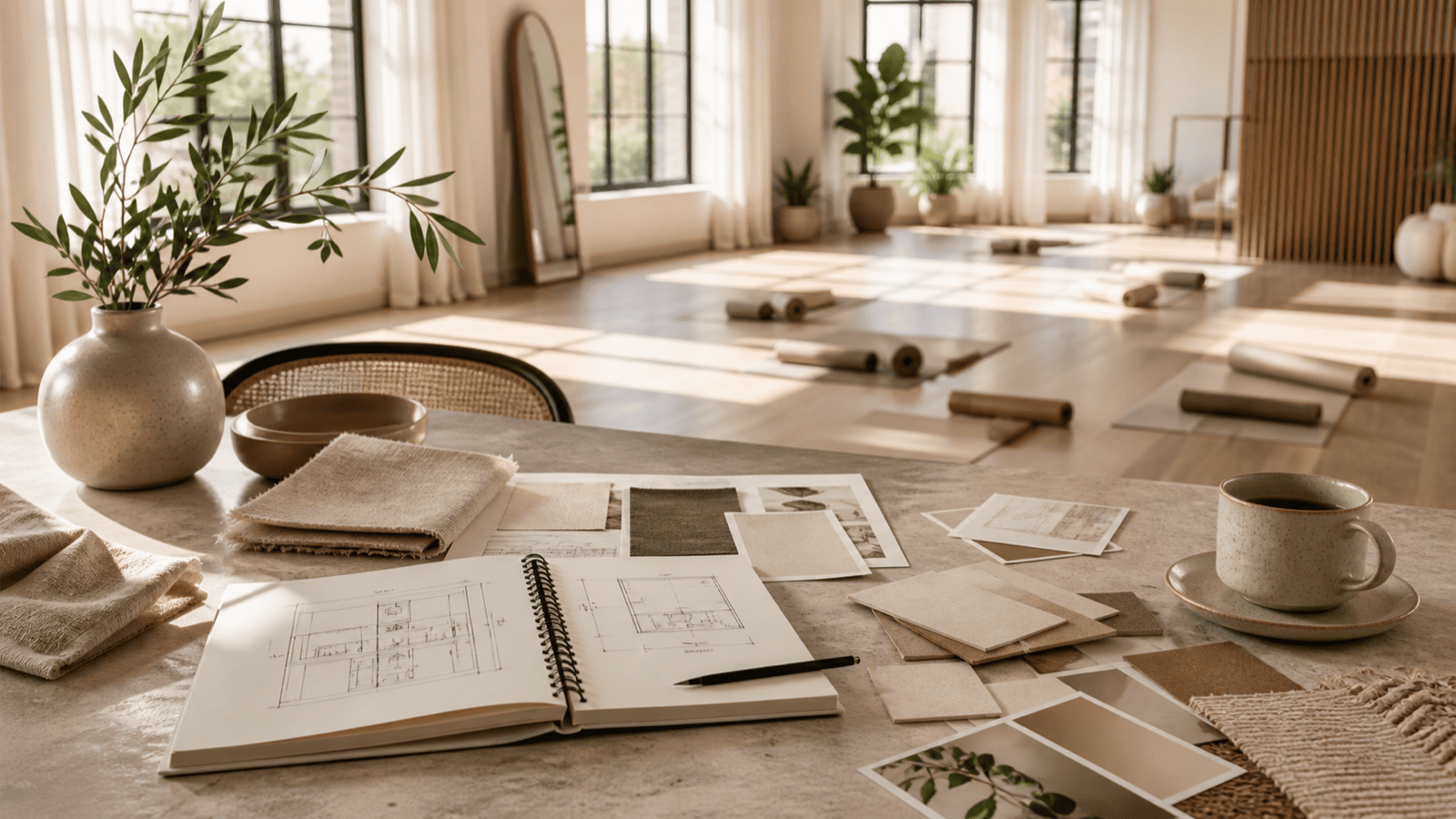 Elegancki stół planowania eventu wellness z moodboardem, laptopem, próbkami materiałów i harmonogramem produkcji