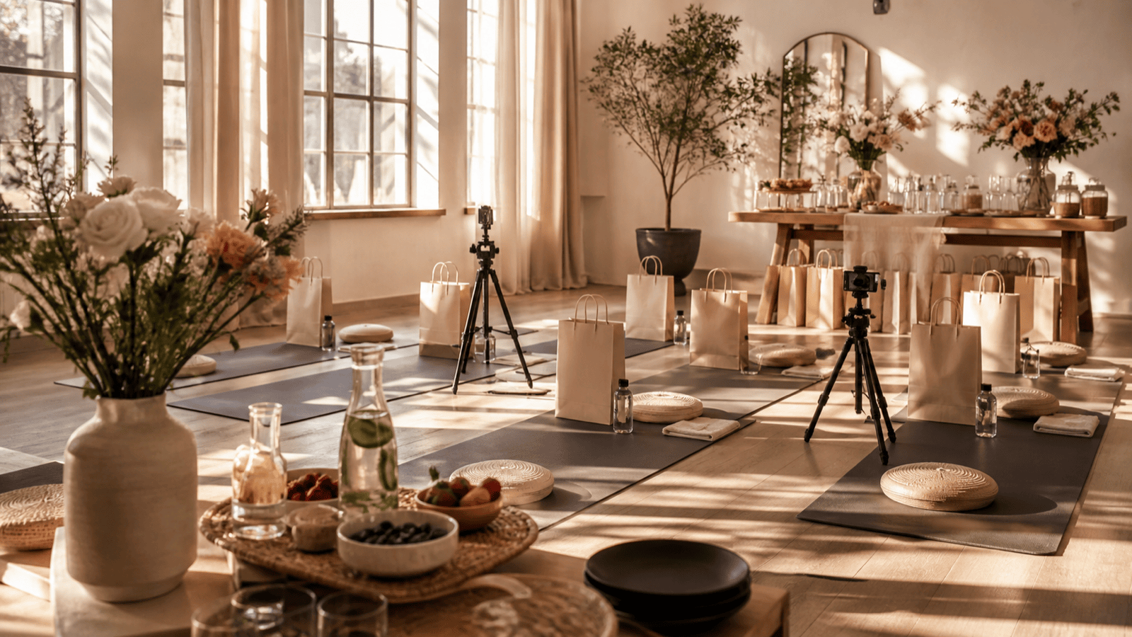 Taras hotelowy z matami pilates, widokiem na otoczenie, przygotowaną strefą śniadań i atmosferą premium wellness